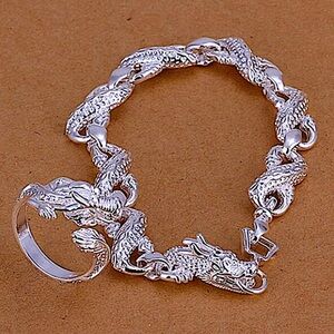 Sterling Silver Dragon Chain Link Bracelet Matching Ring Set